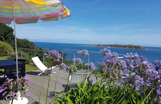 100 % sea view, private garden, beach 5mn away, quiet, housework+draps+towels included