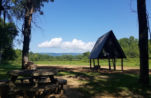 Camp under Blue Ridge Mtn sky river A Frame Cabin