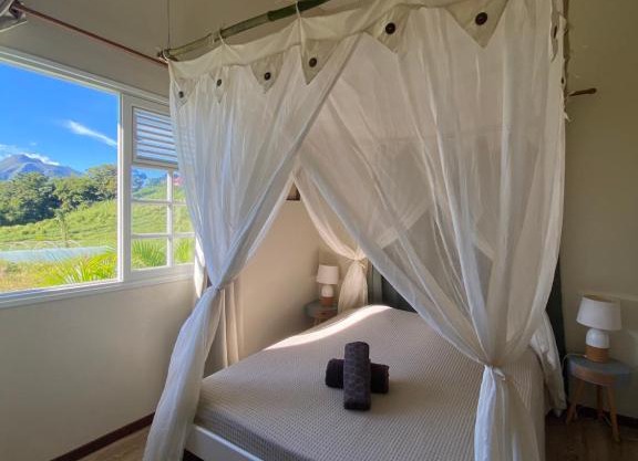 Chambre et SDB privative Roucou vue Mont Pelée dans maison partagée