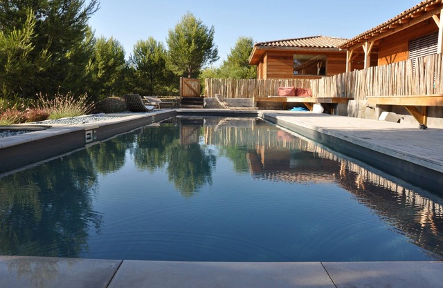 Contemporary wooden villa garden swimming pool terrace nearby. Aix en Provence
