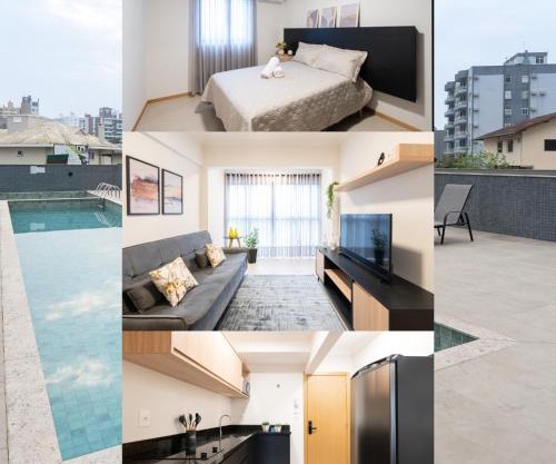 Localização Central! A 450 metros da Vila Germânica Loft com Piscina, Ar-Condicionado, Wi-Fi, Cozinha completa, Garagem Privativa, Espaço Zen, Academia, Sauna, e Mercadinho 24h