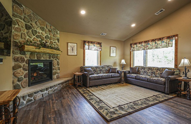 Modern dog-friendly cabin with hot tub, gas fireplace, patio, grill, & washer/dr