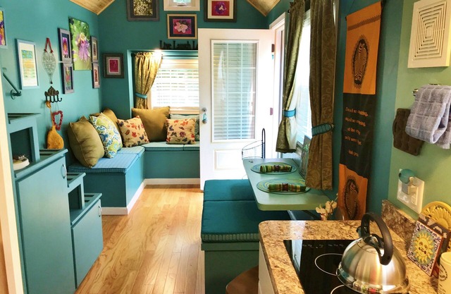Peaceful Secret Gardens Tiny Home - loft & stairs lead to a Queen Size Bed
