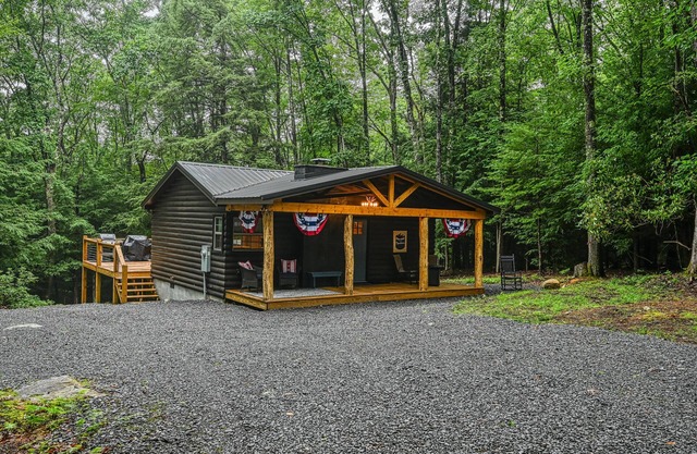 Private cabin with outdoor dining and fireplace