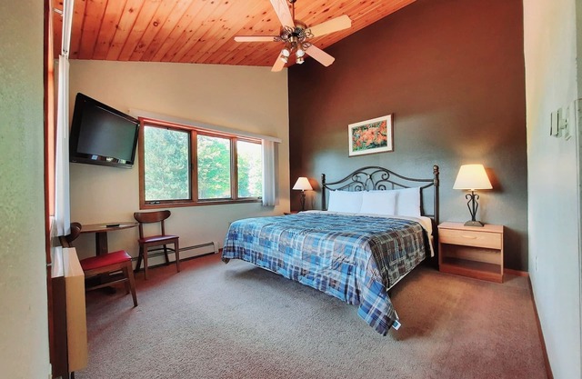Private couples suite inside the Lodge at North Ironwood Acres resort with knotty-pine vaulted ceiling, one KING bed, sofa and one small bathroom. DOG FRIENDLY!