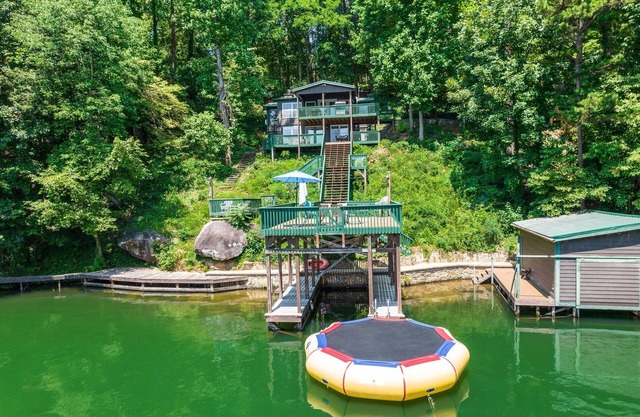 Rustic Cozy Cabin Lakefront Water Trampoline