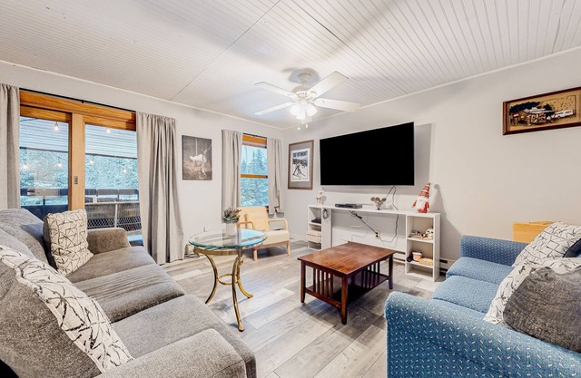 Ski getaway with pool, sauna, covered balcony, W/D access, & internet