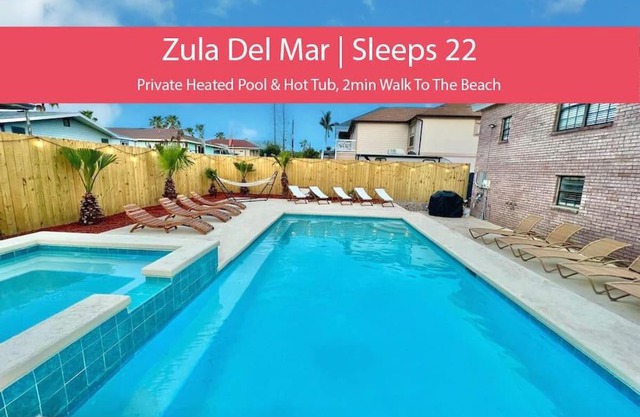 Sleeps 22, 7 bedrooms, 2min walk To The Beach, Private Heated Pool and Hot Tub, Zula Del Mar South Padre Island Texas