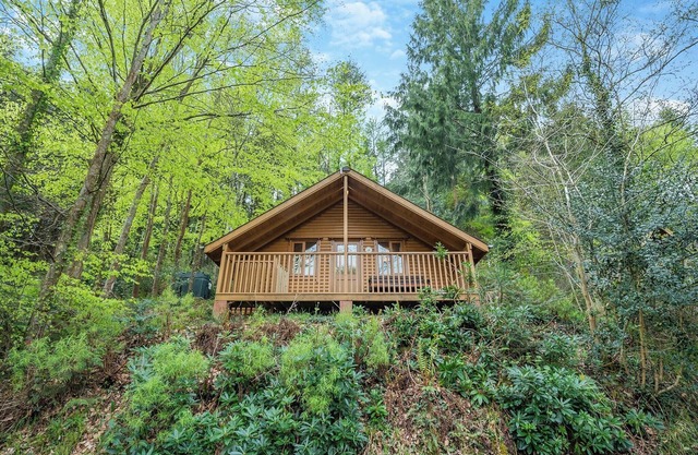 Timber lodge set by the lake with one double and one twin.
