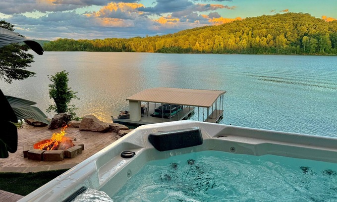 La Follette Cabin | 9 bdrm covered dock, firepit and large bar on water, Baltic hot tub, sleeps 26,