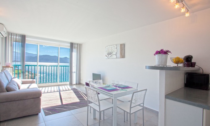 Patrimonio Apartment | Air-conditioned studio, panoramic view on St-Florent and its gulf, Access beach.