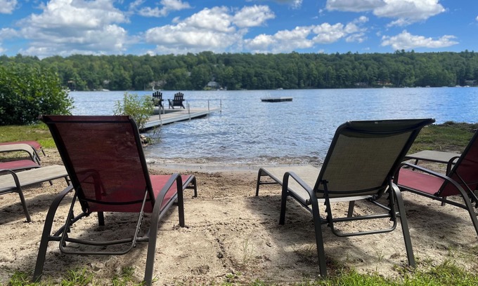 Raymond Cabin | Authentic ME 4 BR log cabin on flat land, sandy beach, Little Sebago waterfront