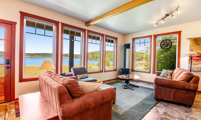 Lopez Island House | Bayfront home w/private beach, water/mountain views, gas grill, deck, gas stove