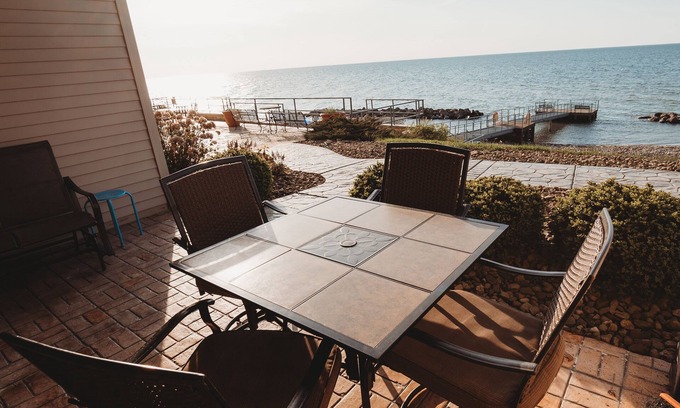 Geneva-on-the-Lake Condo | BEACH LEVEL CONDO L08 -2 BR/2 BA Walk right out to the Private Beach!