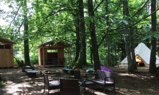 Mialet RV Rental | Bell Tent Glamping with heated pool, four tents let as one unit
