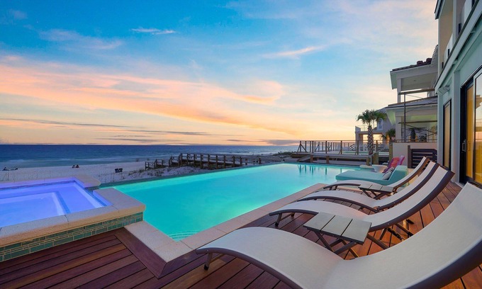 Crystal Beach House | Big House by the Sea - Beach Front Home with Large Private Pool, Theater & Bar