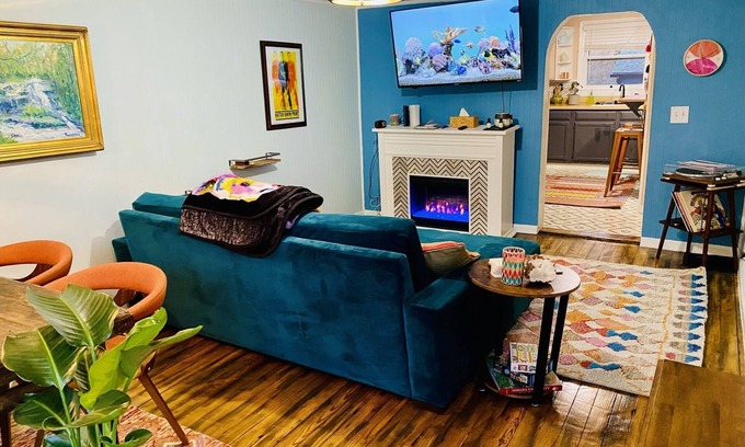 Bloomington Apartment | Boho-Chic Travel Pad Unit 2: Fireplace, Fun & Convenient