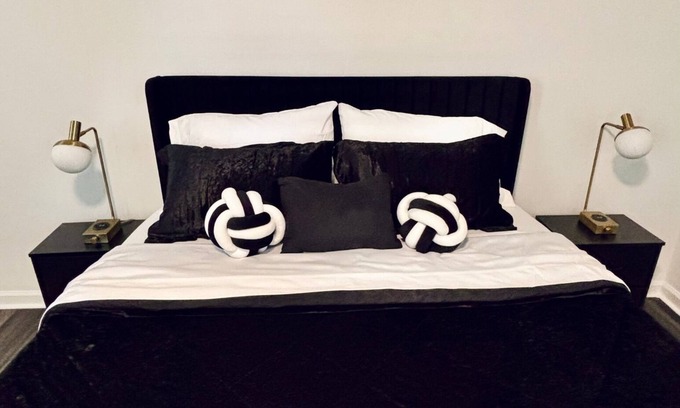 Lupton City House | Charming black white & gold bedroom ensuite at The Retreat