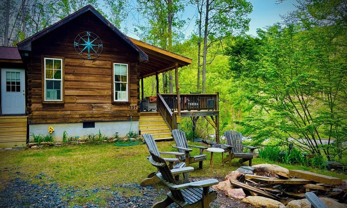 Green Mountain Cabin | Charming riverfront 2-bedroom cabin with hot tub, WiFi, AC in Green Mountain Nc