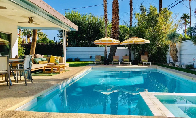 Sunmor House | Cheerful mid-century home w/private pool, spa, firepit & mountain views