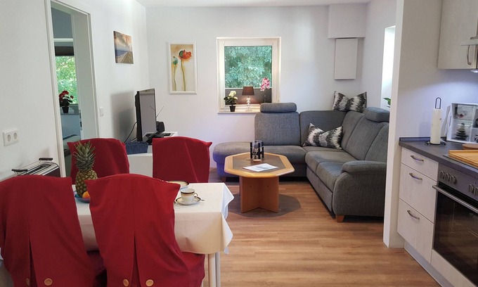 Scholderup Apartment | Chic vacation home, nestled in the beautiful Schleil landscape, equipped with: Baby crib, garden area with play facilities and covered barbecue and smoking area, fly screens and pleated blinds on all windows, flat screen TV, open plan kitchen with.