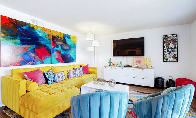 Cathedral City Apartment | Colorful condo w/a private balcony, gated entrance, shared pools