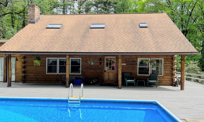 Ashley Falls House | Cozy Log Cabin Retreat with Pool on 4 Acres