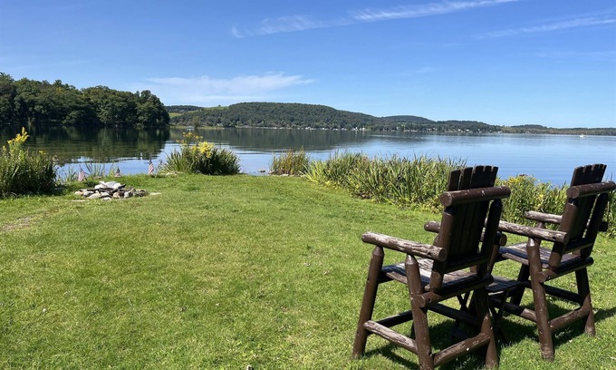 Richfield Springs House | Dad's Lakeside Dugout Great getaway, large lawn leads to water, Near Cooperstown