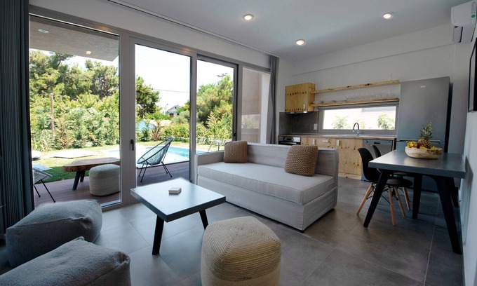 Skala Rachoniou Villa | Dazzling Thasos Villa | Villa Fana | 2 Bedrooms | Private Outdoor Swimming Pool Surrounded by a Spacious Private Garden | Furnished Balcony and Terrace | Rachoni, Skala Rachoniou