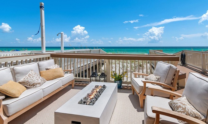 Fort Walton Beach - Destin House | Direct beachfront luxury in Destin! Enjoy sweeping Gulf views from 3 patios, private beach access with chairs & umbrellas, a movie room, pinball, and a designer kitchen with Viking & Wolf appliances. Sleeps 14 in style and comfort.