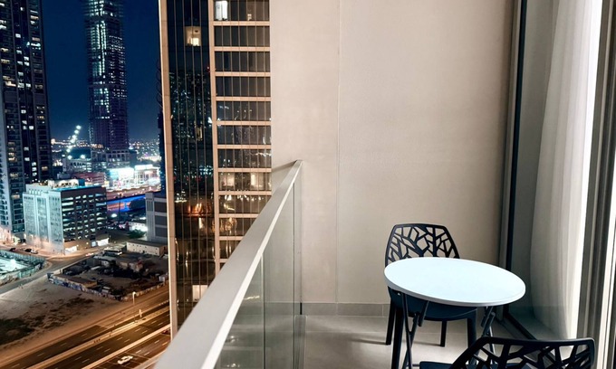 Jadaf Apartment | Elegant Downtown Escape 1BR w/Balcony, Pool & GYM