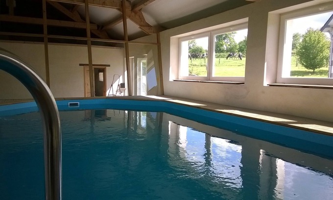 Saint-Germain-de-Coulamer Cottage | Enjoy your heated pool at La Bellazière with family and friends!