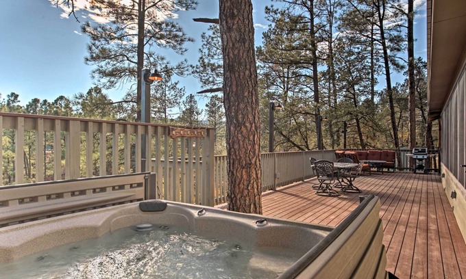 Ruidoso Cabin | Enjoy views high above the river with a pleasant walk to Midtown shops and food.