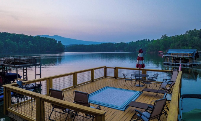 Forest Lake Heights House | Enjoy Winter Sunsets & Mtn. Views from Deck & Private Dock, Cozy firepit, & Cove