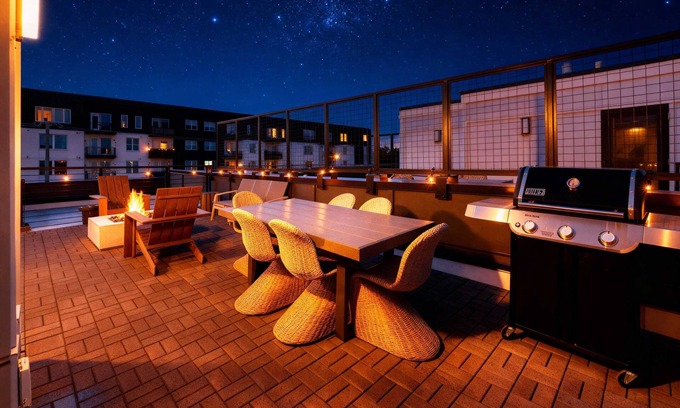 Talbot's Corner House | Fall rooftop fire pit, skyline views, chef's kitchen near Broadway