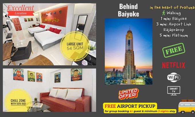 Thanon Phaya Thai Apartment | Family Hub Pratunam 3 FREE Airport pickup min 3nights and 4Adults stay