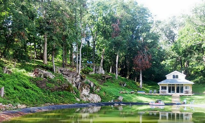 Front Royal Cabin | Fantasy Getaway Cottage on Private Pond with Waterfall, Rock Pool and Hot Tub