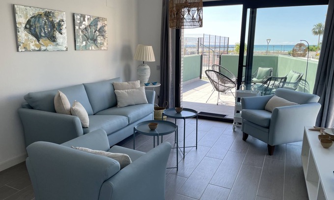 Vallpineda Apartment | Frontline apartment with pool & parking and incredible views on quiet beach