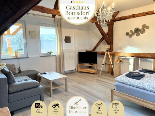 Uebigau-Wahrenbruck Apartment | Gasthaus Bomsdorf - ruhige Lage, free WLAN & Parken, Self Check-In, Smart-TV