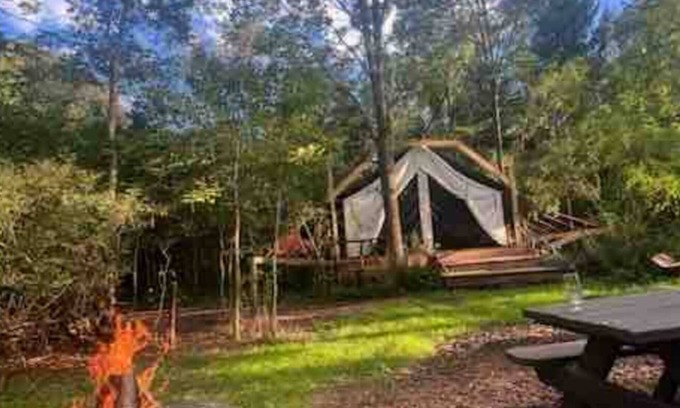 Trumansburg RV Rental | Glamping at CrowNestFarm! Private tent/Communal Bathroom. Dog Welcome
