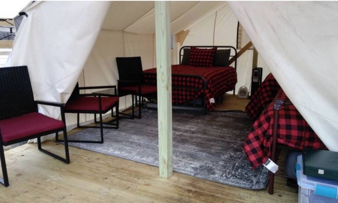 Mayhill RV Rental | Glamping Wall Tent in a Cozy Forest Setting at Camp Rio