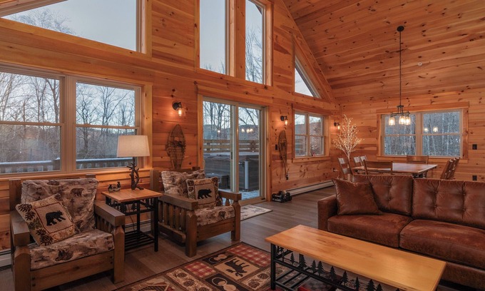 Carrabassett Valley Cabin | Gorgeous dog-friendly cabin with great view, deck, hot tub, & gas fireplace