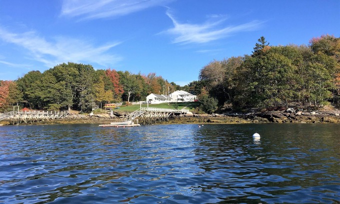 East Boothbay Condo | Gorgeous sunsets on peaceful Linekin Bay coastal beach at low tide and dock