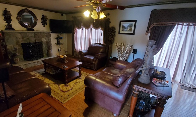 Dingmans Ferry House | Great location in Poconos, outdoor living space with outdoor seating area, chea