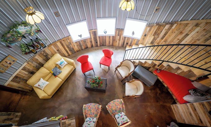 Mount Sterling Bed & Breakfast | Hermann Grain Bins BNB and Retreat Center Guest Grain Bin Foghorn Leghorn is a 2 story 30 plus foot grain bin with two distinct levels. Main level contains two queen beds, living room and full bathroom. Balcony Level contains queen bunk bed and ful