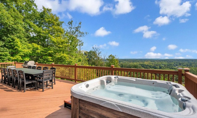 Mount Marion House | Hilltop A-frame chalet, skyline views, heated pool and hot tub, expansive.
