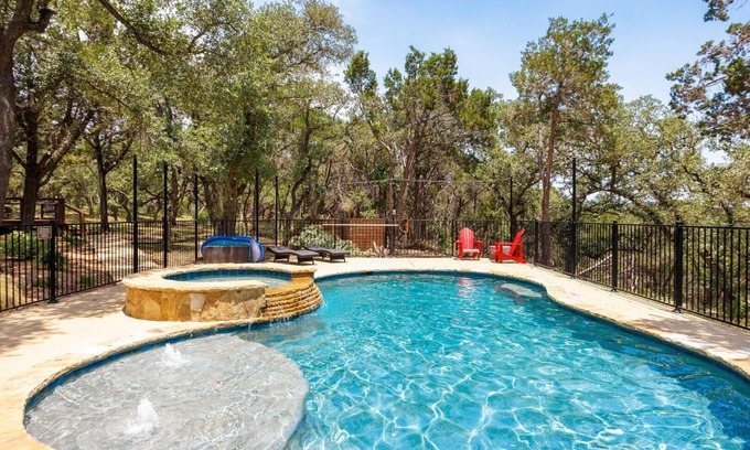 Wimberley House | Hilltop Hideaway - 14 Scenic Acres! Brand new pool with 2 hot tubs; pickleball court, sleeps 12.