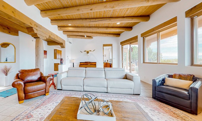 Canoncito House | Idyllic mountain-view retreat with luxe interior & private sunset-view hot tub