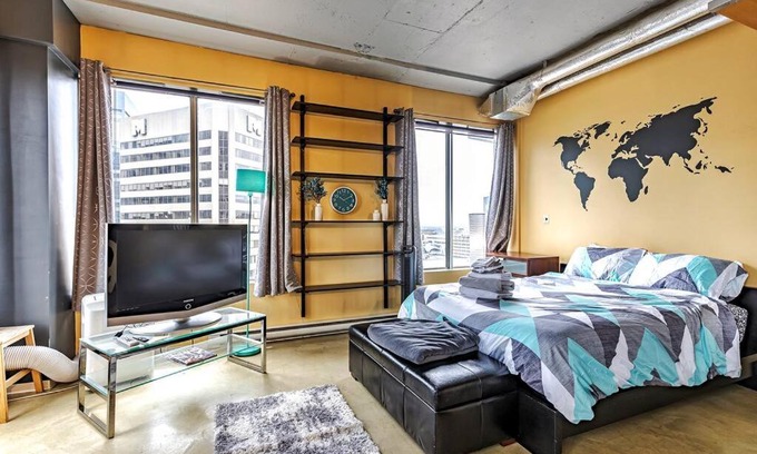 Downtown Edmonton Apartment | Industrial-Style Cityscape 1 Bedroom Loft