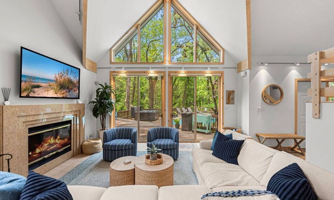 Michiana House | Juniper Presents: Treehouse Oasis w/Pool, Hot Tub, Fire Pit + Walk to Beach